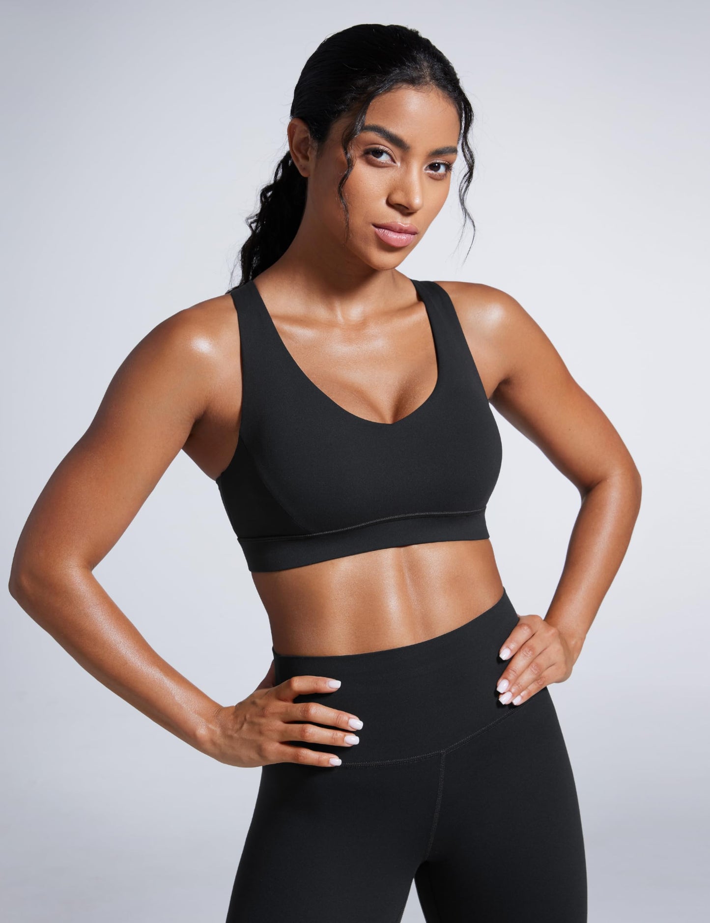 CRZ YOGA Butterbreeze Criss Cross Back Sports Bras for Women - V Neck Adjustable Straps Padded Workout Training Crop Top Black Large