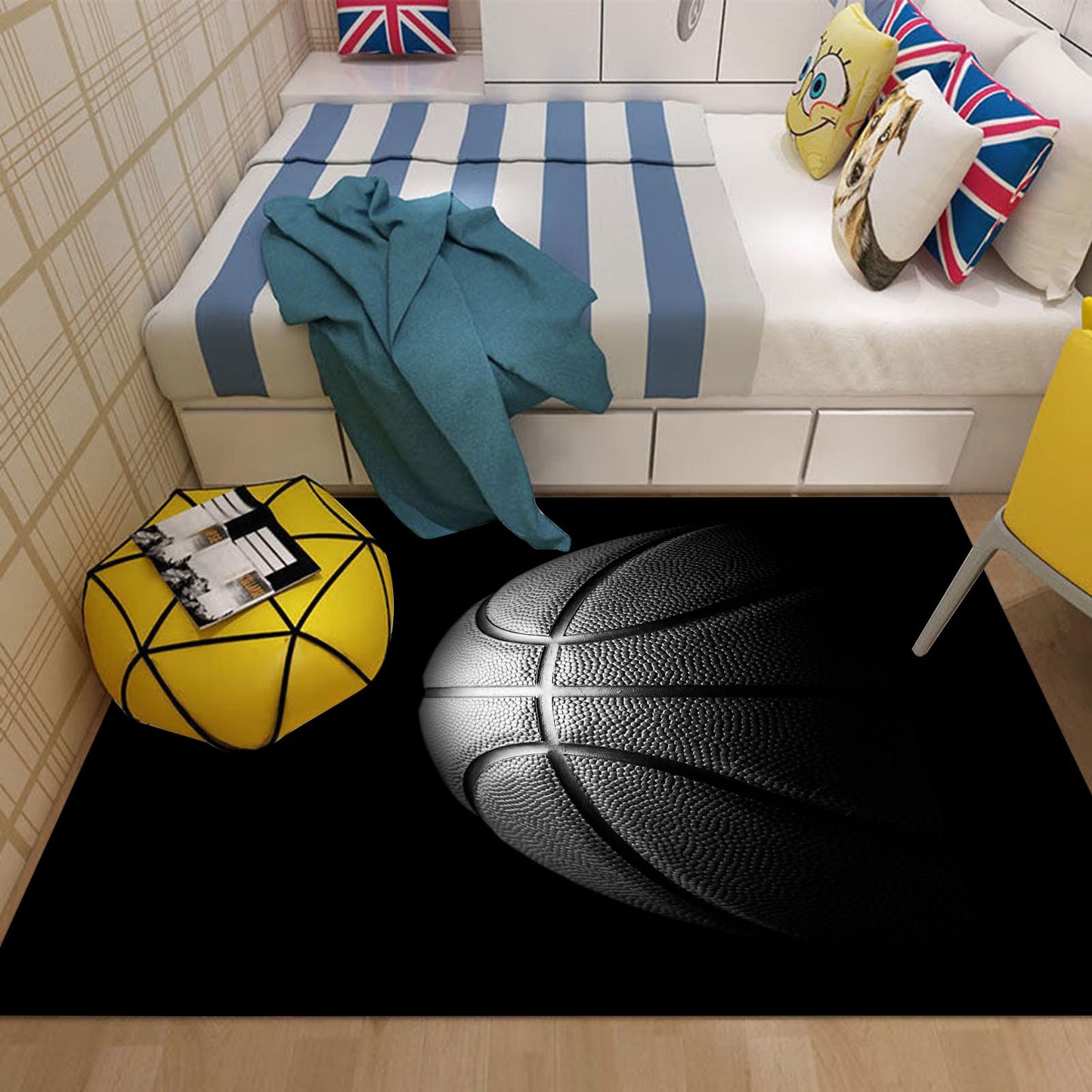 kxry 2 * 3 Feet Black Basketball Soft Area Rugs for Kids Girls Boys Basketball Sports Floor Carpet for Living Room Bedroom Dorms Nursery Rooms Home Decor Aesthetic