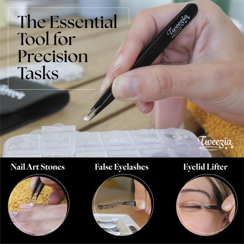 TWEEZIA Stainless Steel Tweezer Set - 4 Precision Tweezers with Mirror & Leather Case - Ideal Eyebrow Kit, Ingrown Hair Tweezers, Splinter Removal Kit or Pointed Tweezers for Beauty and Personal Care