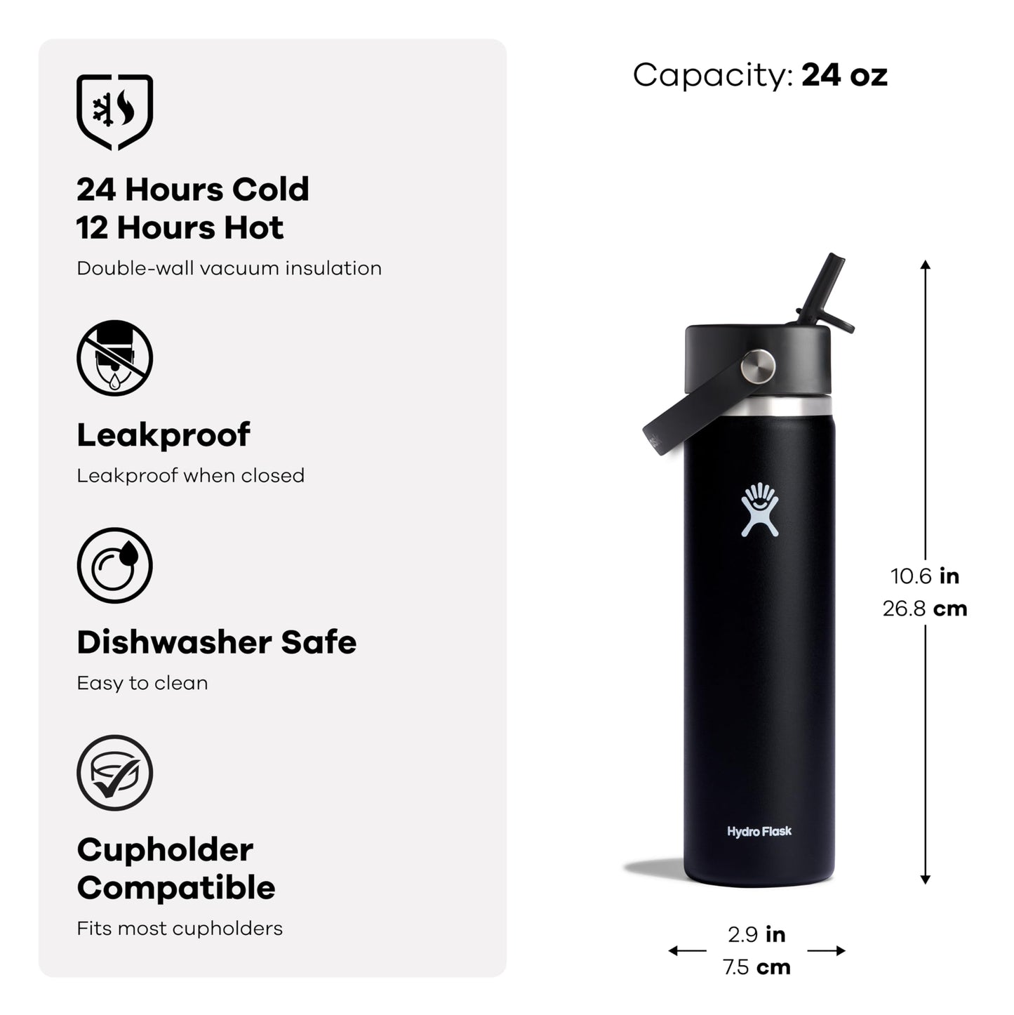 Hydro Flask Water Bottle - Insulated Stainless Steel - Wide Mouth Flex Straw Lid, Non Spill, Leakproof and Refillable in 24 Oz Tonal Birch