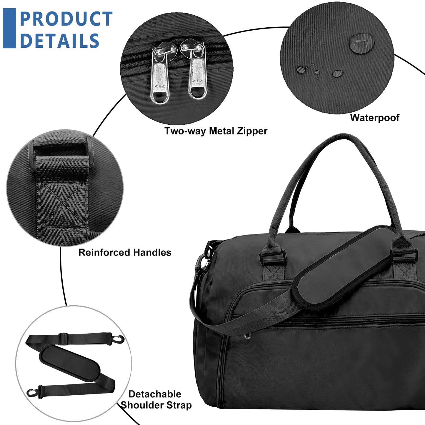 woogwin Small Gym Bag for Men & Women with Shoes & Wet Compartment Waterproof Duffle Bag for Travel Sports Workout Overnight Weekender(17.7'',Black)
