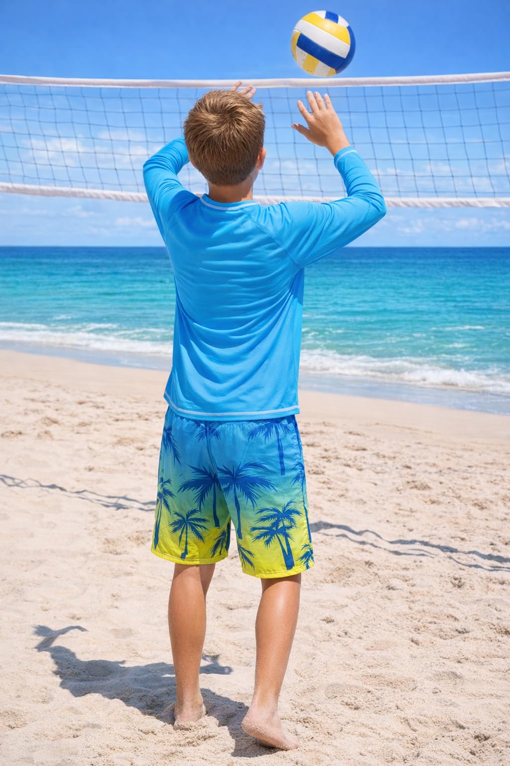 Belovance Boys Two Piece Rash Guard Swim Set Kids Long Sleeve Bathing Suit Swimwear Shirt with Trunks Swimming Suits Surfing Beach Clothes Quick Dry Size 6 7 Blue Yellow