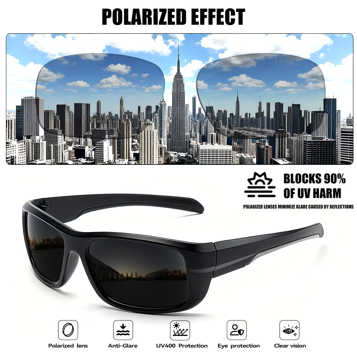 SQOQS 3Pack Polarized Sports Sunglasses for Men, Wrap Around Frame UV400 Goggles Sun Glasses for Cycling Fishing Driving