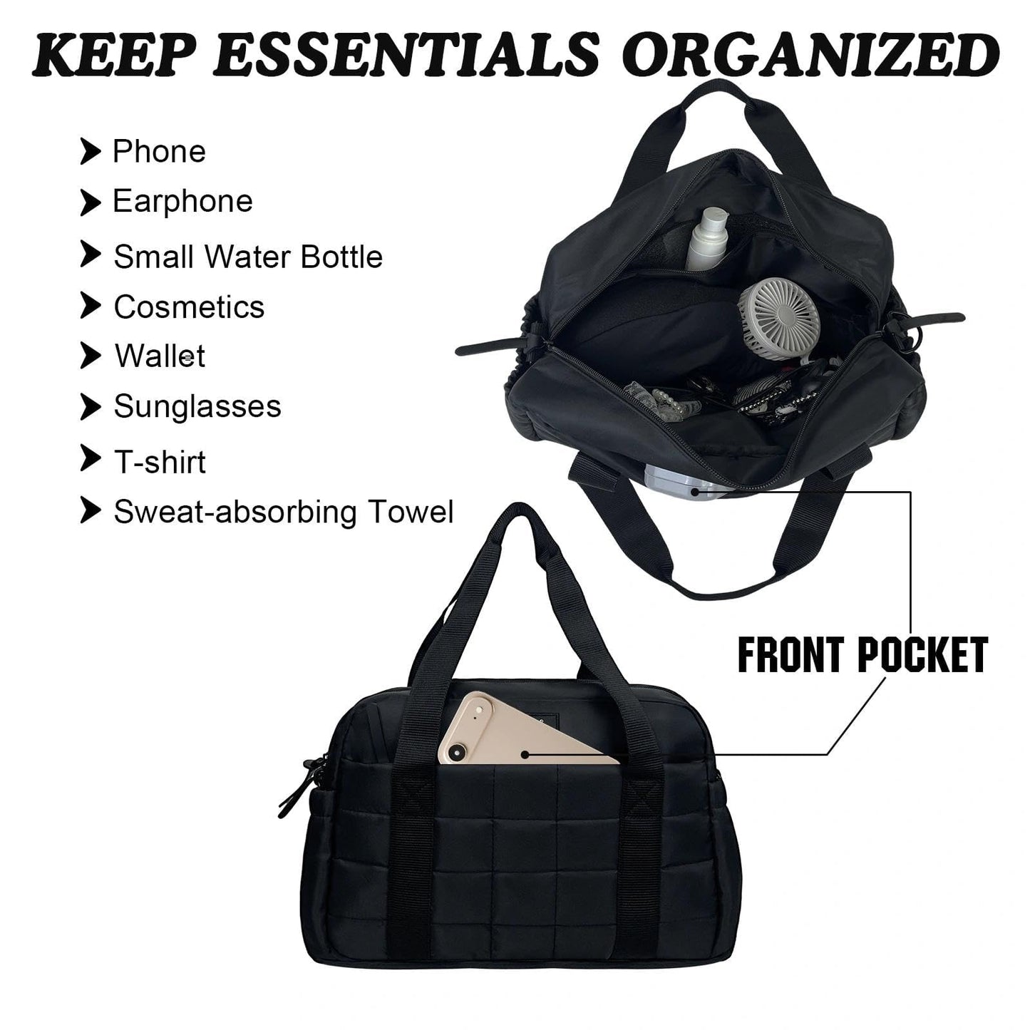 WOLT Small Gym Bag for Women, 14 inch Lightweight Gym Duffle Bag with Wet Compartment Quilted Tote for Sports Workout, Black