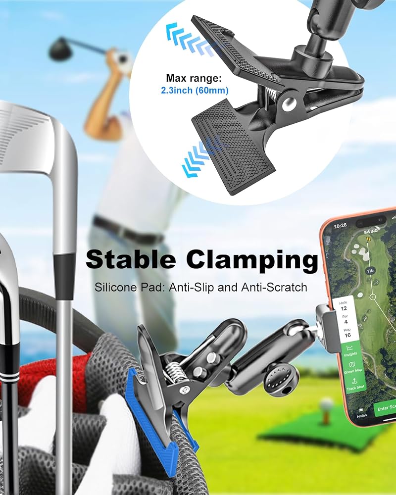 All-Metal Golf Bag Phone Holder – 360° Adjustable, Secure Clip