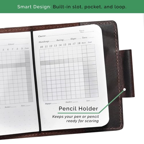 RAW HYD Leather Golf Scorecard Holder Book w/Slot & Pen Loop - Durable Full-Grain Leather Yardage Book & Lineup Card Holder - Refillable Log for Tracking Stats GIRs(Pen not included)