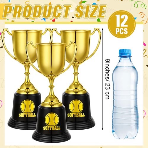 Lenwen 12 Pcs 9 Inch Softball Gold Trophies Award Cup with 20 Pcs Stickers Plastic Award Trophies for Softball Team Competition Game Sport Party Favors Celebration Gifts
