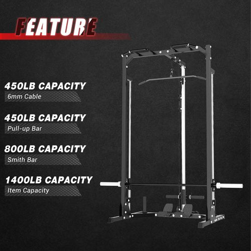 MEGASTAR Compact Smith Machine Home Gym - 800lb Barbell Sleeve, Space-Saving Power Cage with LAT Pulldown, Power Rack 5-in-1, 1500lb Capacity for Garage & Small Spaces