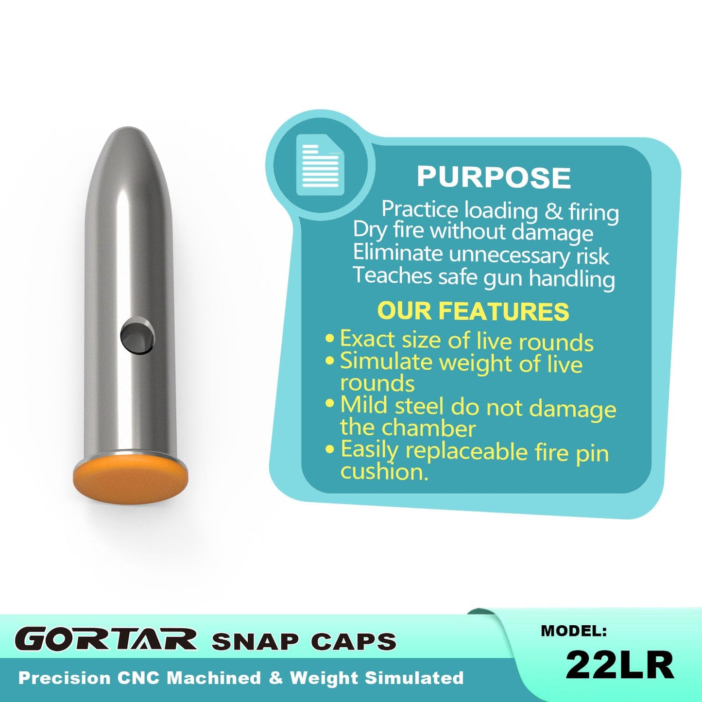 GORTAR 22LR Snap Caps Training Dummy Rounds Practice Safe Loading Firing Close to Real Weight, – 12 Pcs