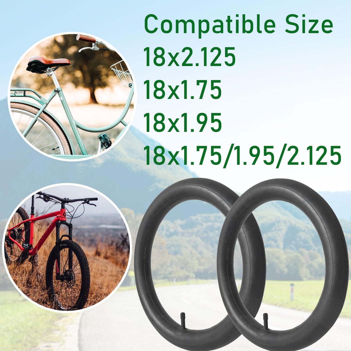 2-Pcs 18x2.125 Bike Tube 18x1.95 Bike Tube 18x1.75 Inner Tube 18 x 2.125 18 x 1.95 18 x 1.75 Tube, Schrader Valve