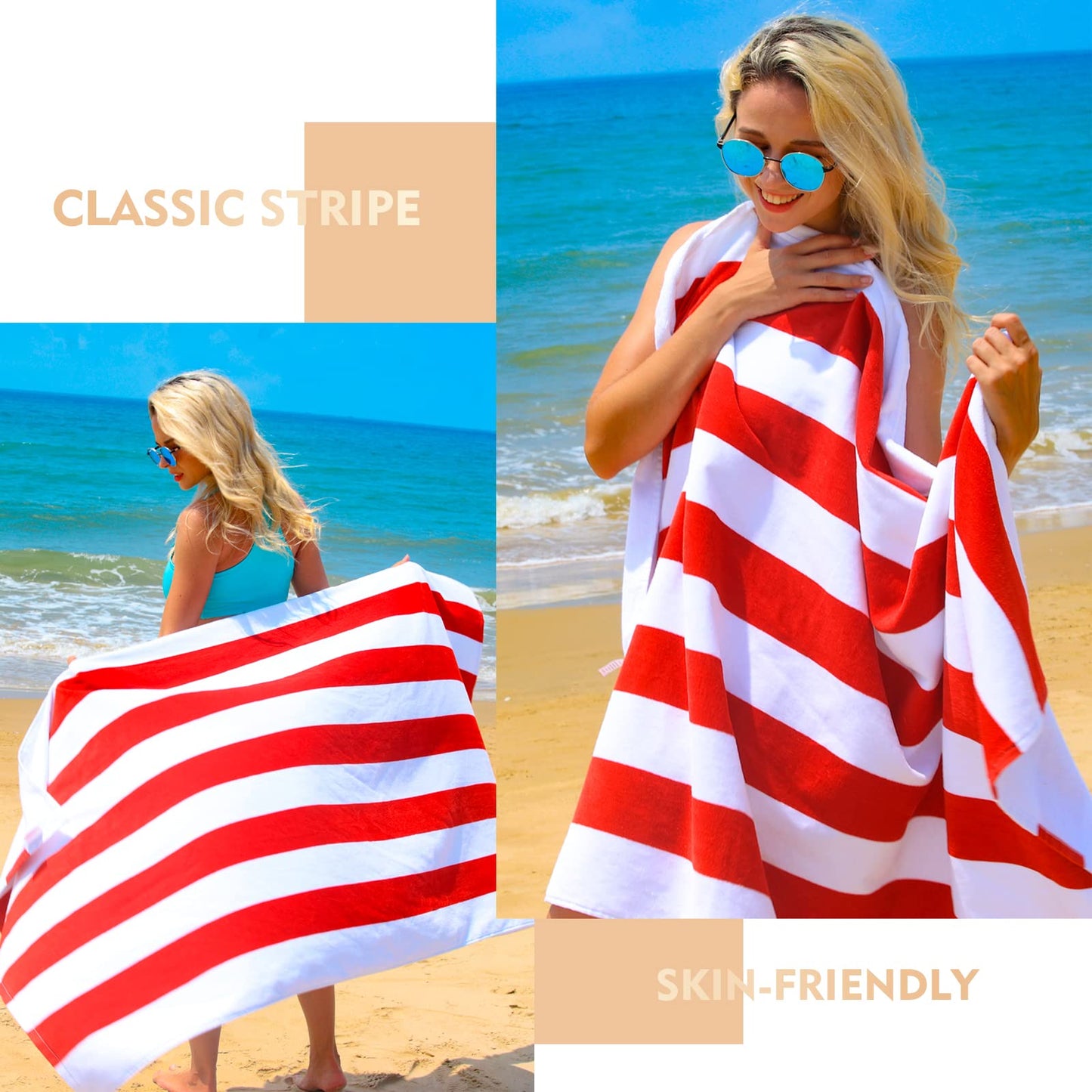 Exclusivo Mezcla 2 Pack Cotton Large 30x60 Inches Cabana Stripe Beach Towels, Super Absorbent Soft Plush Pool Towel Bath Towel (Red)