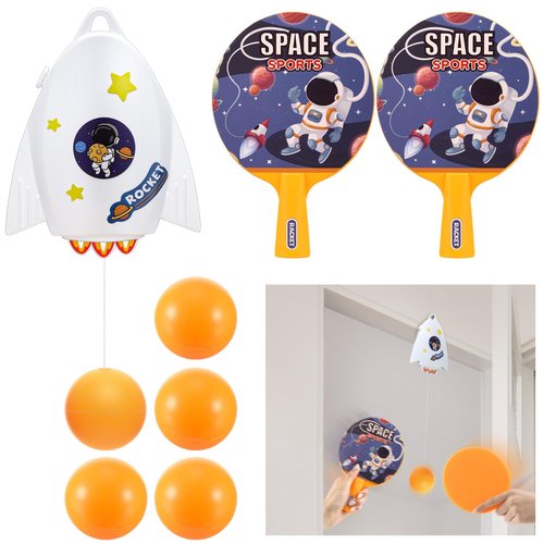 Soulchen Door Table Tennis Game Hanging Table Tennis Trainer Set, Includes Two Rackets with Space Themed Sticks, 4 Balls, a String Puller, and a Hook for Beginners