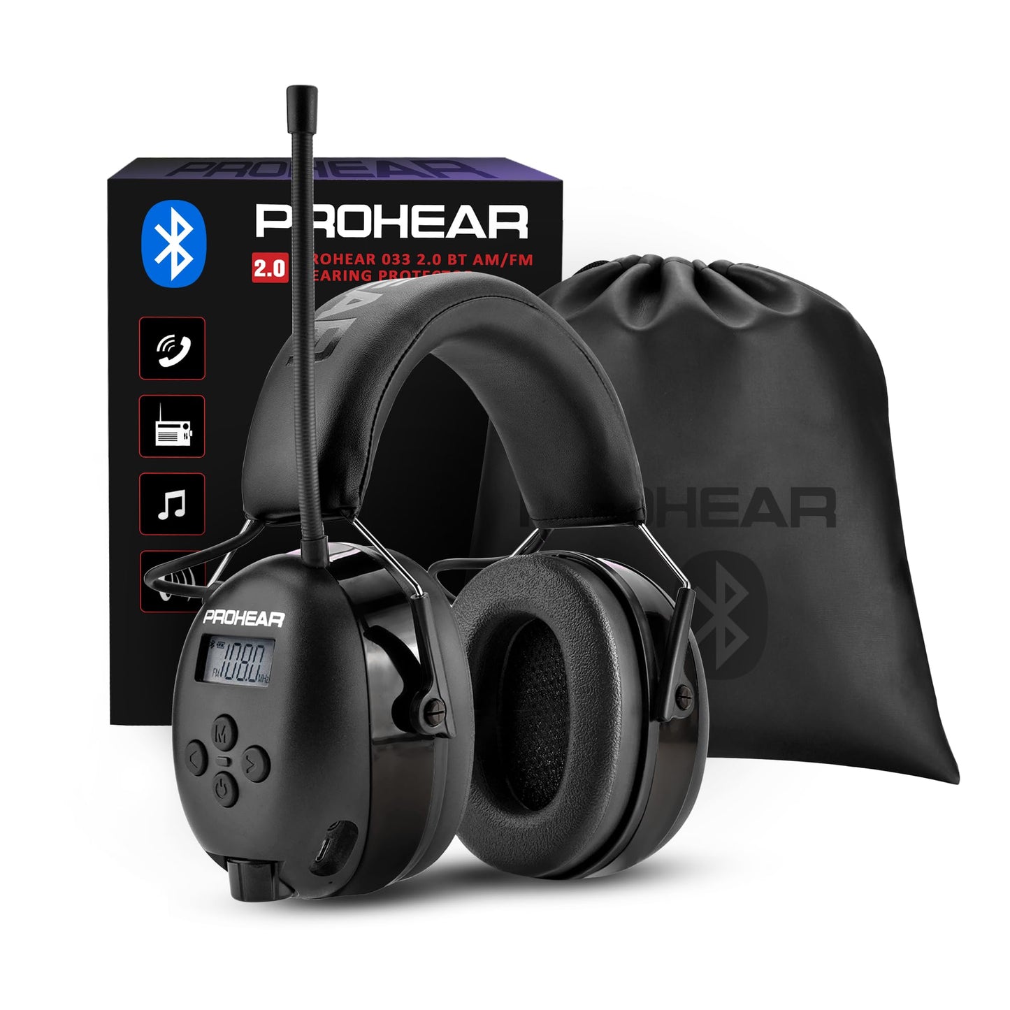 PROHEAR 033 Upgraded Bluetooth 5.4 Hearing Protection Headphones with FM/AM Radio, OSHA-Compliant 25dB NRR Safety Earmuffs, Rechargeable 48H Playtime for Mowing, Workshops and Snowblowing – Black