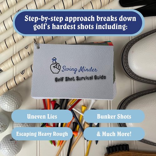 Swing Minder Golf Reference Cards - Step-by-Step Instructions for 33 of Golf's Hardest Shots - Ideal Golf Gifts for Men or Golf Bag Accessories - Waterproof PVC and Sturdy Carabiner for Easy Use