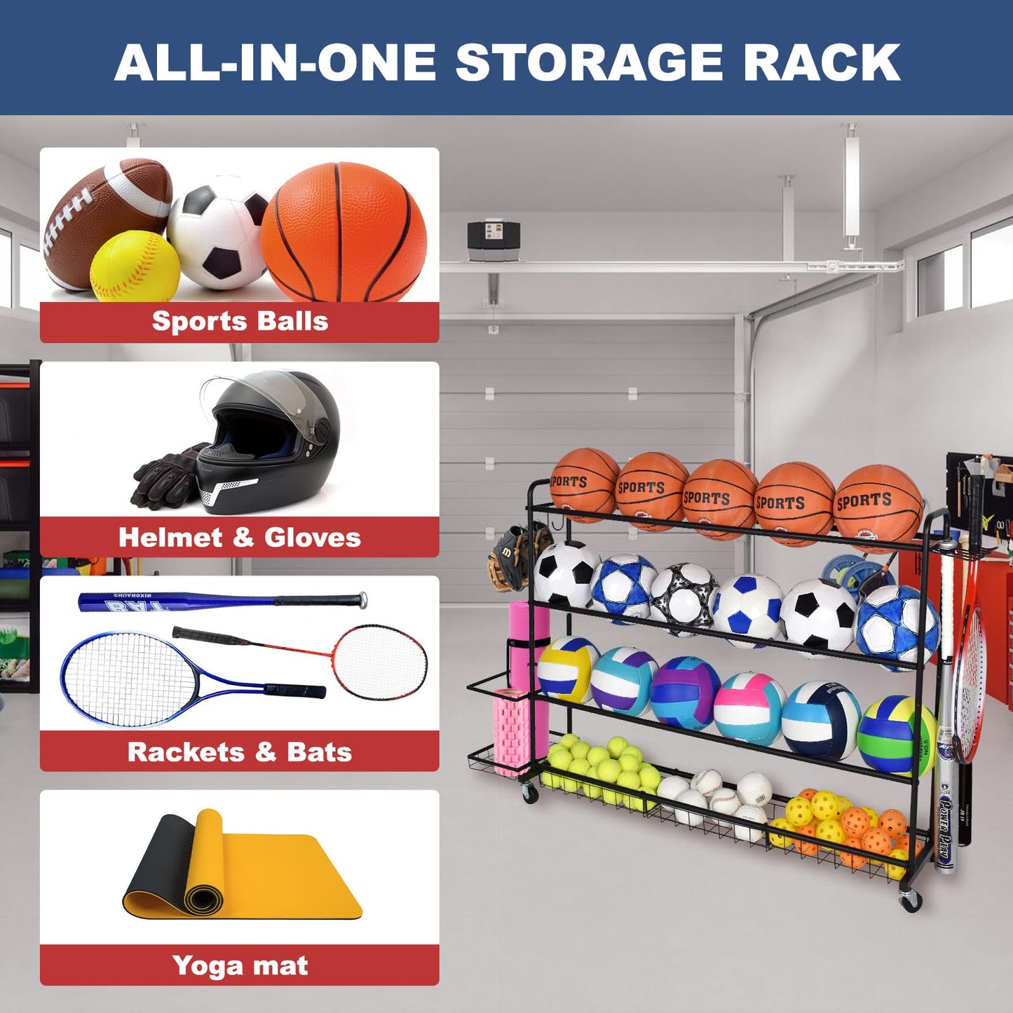 ELKCIP Basketball Rack, Shooting Training Rolling Ball Stand, Garage Organizer with Wheels, 4-Layer Sports Equipment Storage Holder with Baskets and Hooks for Soccer Baseball Footballs Volleyball