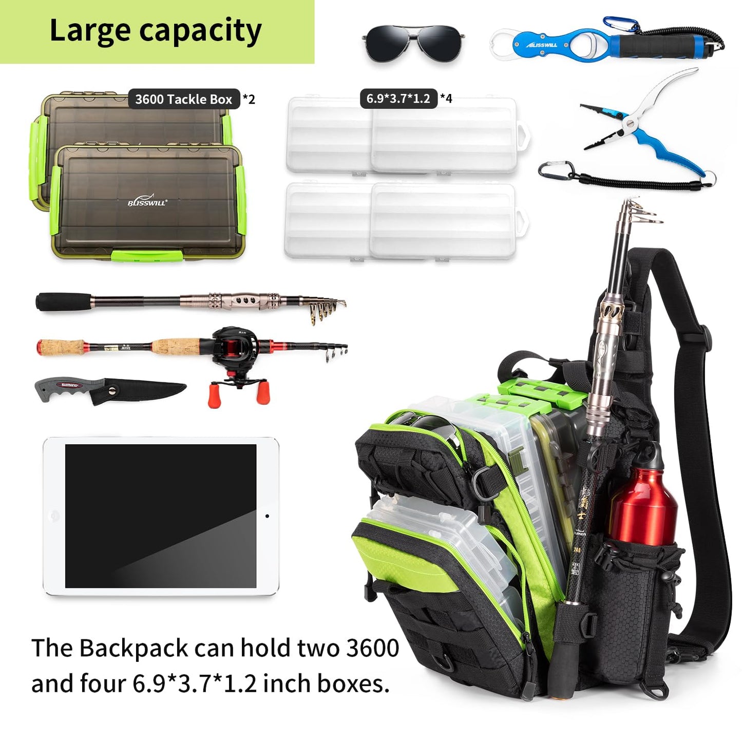 BLISSWILL Fishing Backpack with Rod Holder Tackle Bag Gear Bag Fishing Gifts for Men