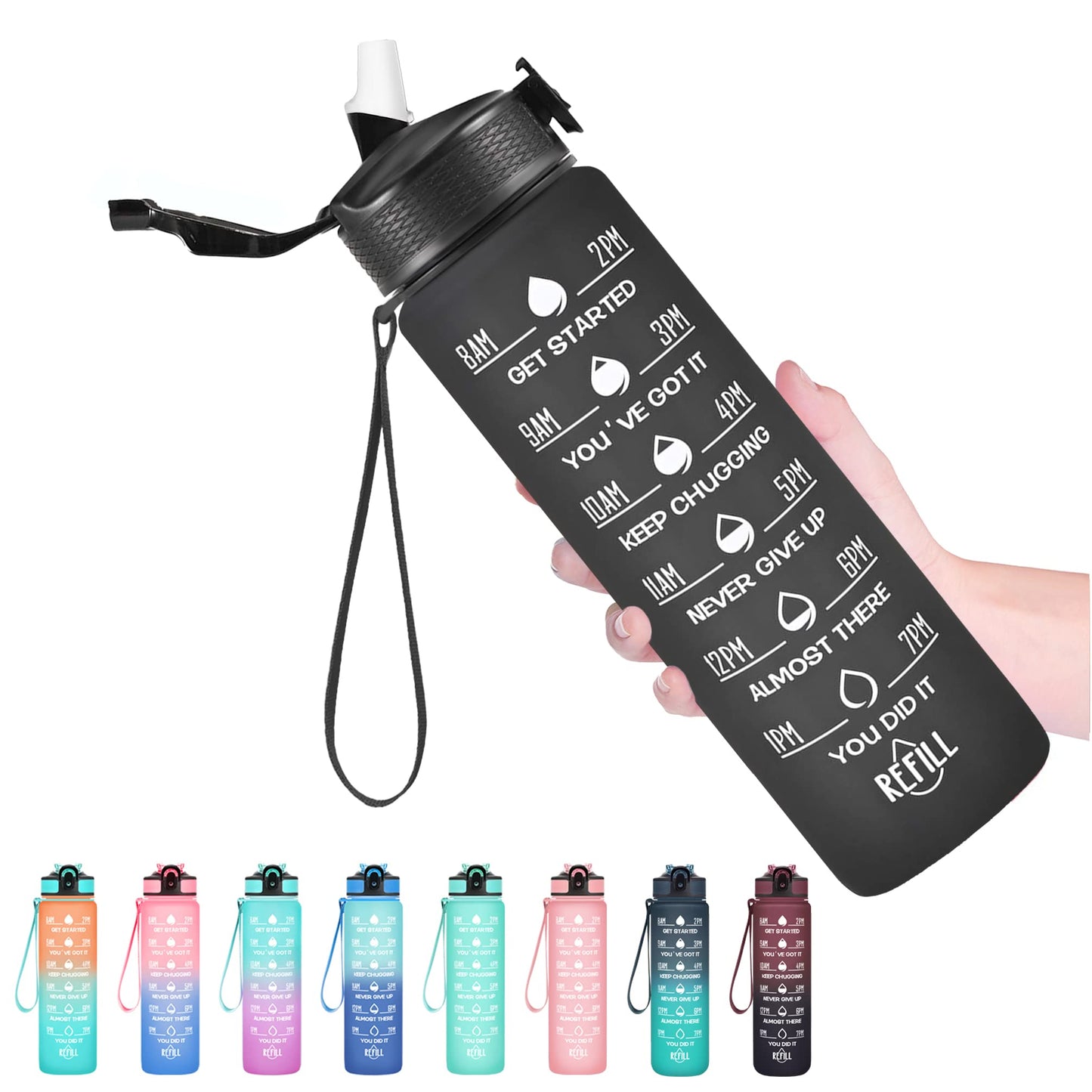 Hyeta Water Bottle with Straw & Time Marker, Plastic 32oz Leakproof