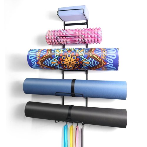 MRZZATA 5-Tiers Yoga Mat Holder Wall Mount, Metal Storage Rack for Yoga Mat/Wheels, Foam Roller and Block, Wall Rack with 4-Hooks for Hanging Stretching Strap, Resistance Bands