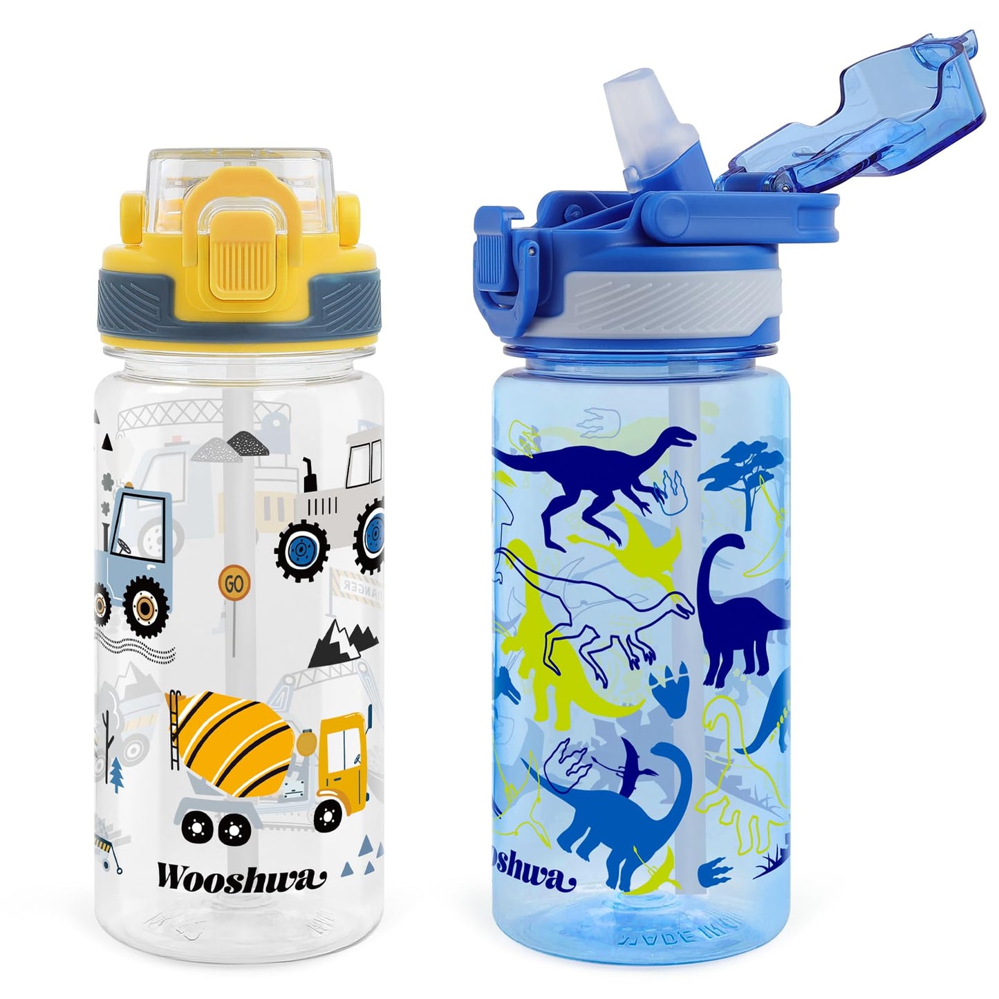 wooshwa Kids Water Bottle for School, 16 Oz Plastic Water Bottle with Silicone Spout and Pop-Up Cover, BPA Free & Dishwasher Safe (Dinosaur/Spacecraft)