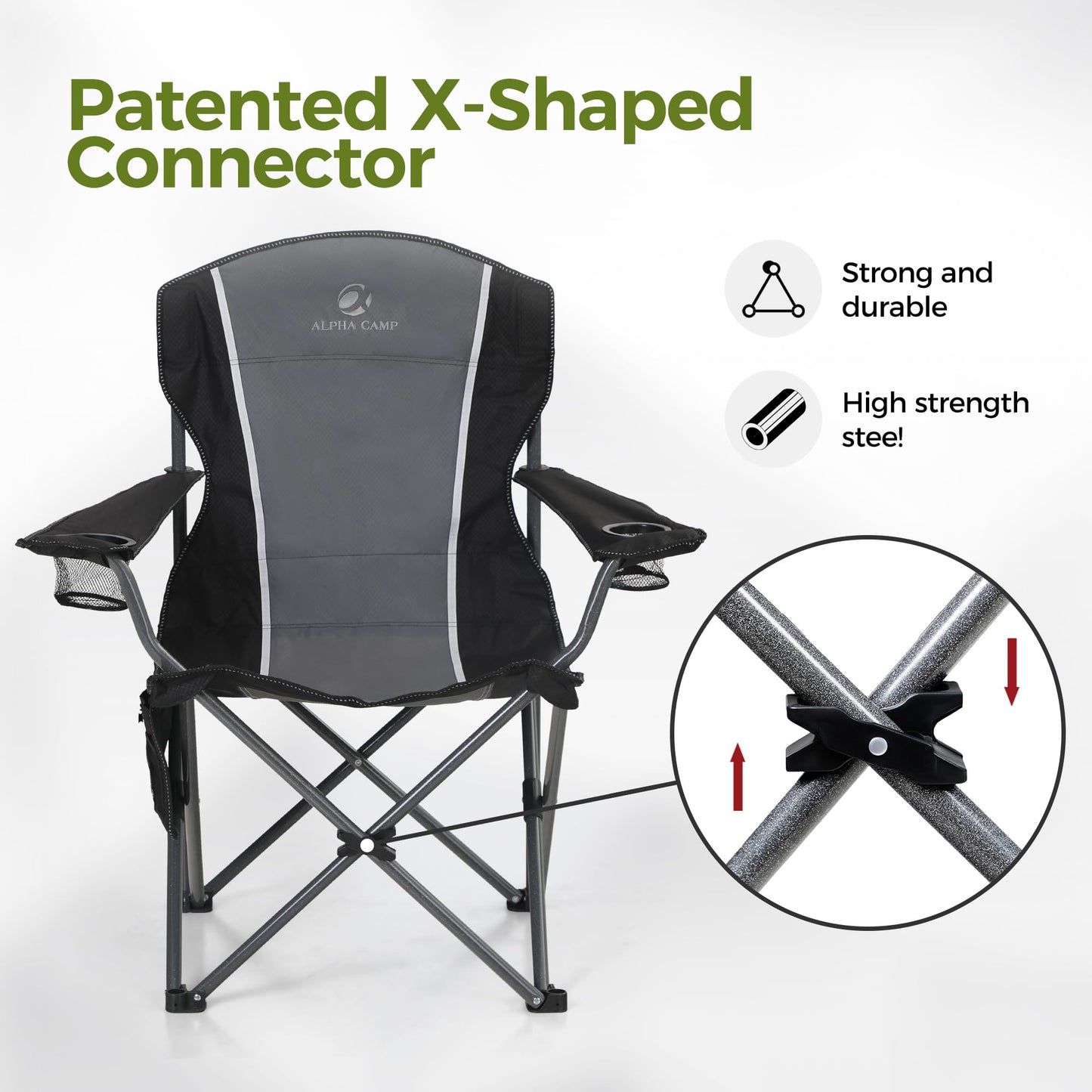 ALPHA CAMP Oversized Camping Folding Chair - Heavy Duty Steel Frame Support 350 LBS, Collapsible Padded Arm With Cup Holder, Quad Lumbar Back, Portable for Outdoor/Indoor