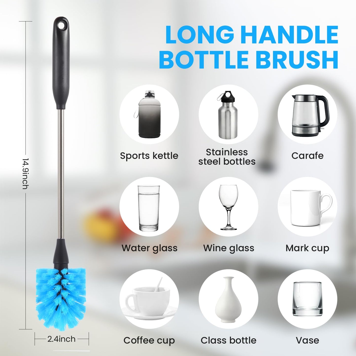5 Pack Bottle Brush, Straw Cleaner Brush & Water Bottle Brush,15 in Stainless Steel Brush, Narrow Bottle Brush, 3 Straw Brushes, for Water Bottle, Coffee Mugs, Flasks, Glasses, Tumblers, Blue