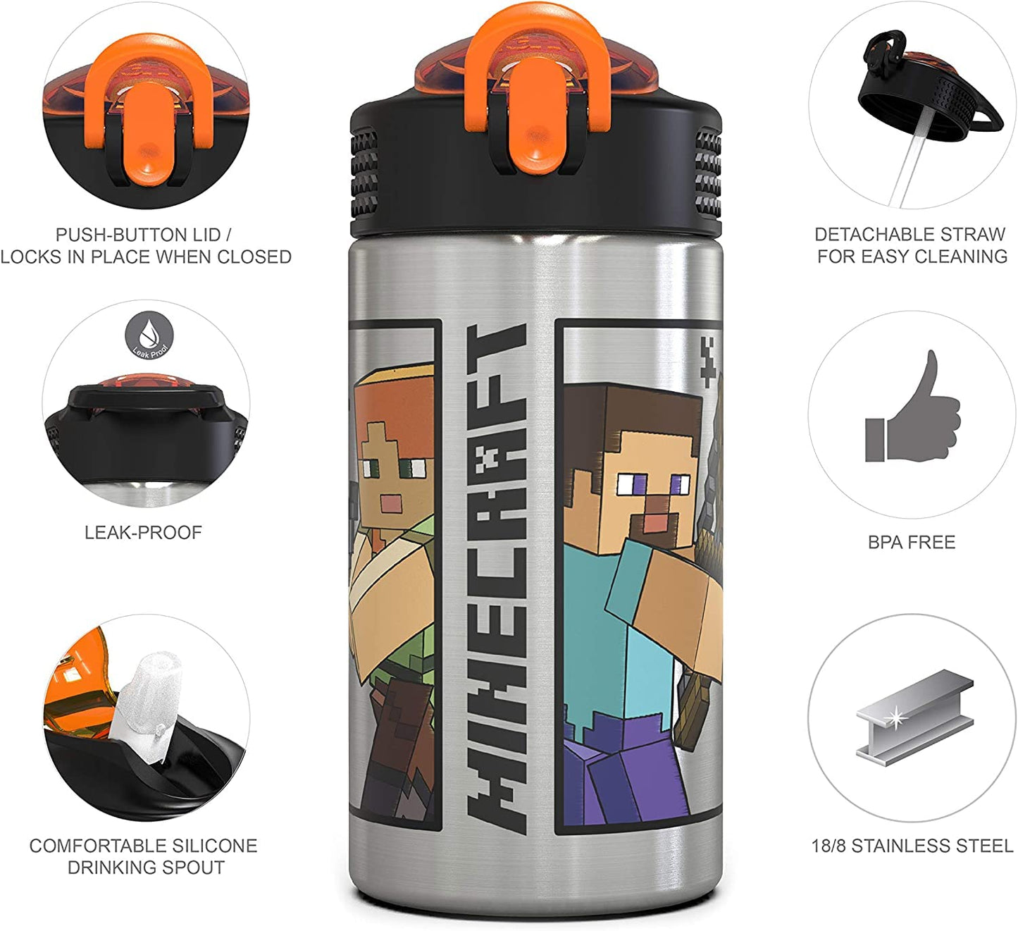 Zak Designs - MICI-V151 Zak Designs 27oz Minecraft 18/8 Stainless Steel Water Bottle with Flip-up Straw Spout and Locking Spout Cover, Durable Cup for Sports or Travel (27oz, Minecraft Creeper)