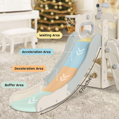 Babytronic Toddler Slide, 6 in 1 Kids Indoor Slide for Toddlers 1-3, Kids Playground for Indoor Outdoor with Basketball Hoop and Telescope, Indoor Outdoor Slide Playset (White&Gray)
