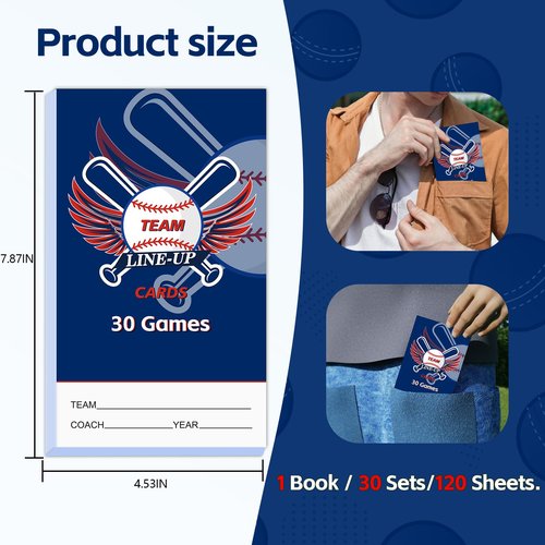 30 Baseball Lineup Cards with 4-Part Carbonless Copies, 4.53 x 7.87 Inch 16 Player Roster Sheets for Games, Softball Lineup Coaching Accessories for Coaches and Umpires