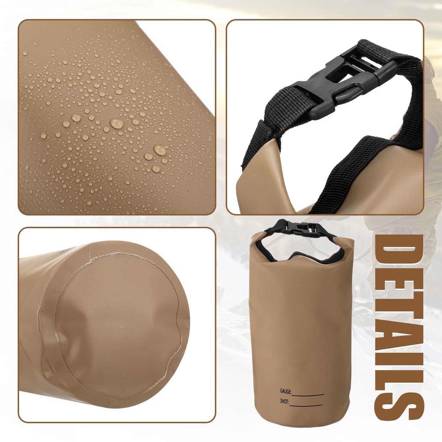 Sadnyy 2 Pack Shell Pouch 2 L Waterproof Shotgun Shell Bag Arc Welded Dry Ammo Pouch Sporting Roll-top Bag for Hunting, Shooting, Buckle Closure (Khaki)