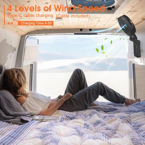YUGYUM Golf Cart Fan,Magnetic Clip On Fans Rechargeable with Light,10000mAh Battery Operated USB fan for Camping, Cabin & Cruise - Portable Outdoor Fan with 4 Speeds, Timer - Black