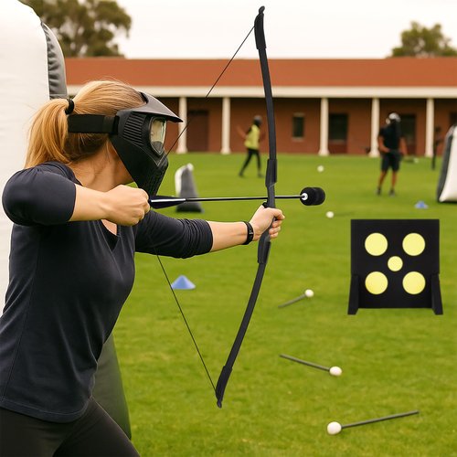 Silipull Bow and Arrow Set 8 Pcs Archery Bow Game Set with 6 Foam Tipped Arrows & 1 Pop Out Target for Safe Archery Combat LARP CS Shooting Outdoor Camping Bows for Adult from Beginner to Advanced