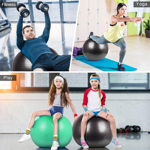 Gruper Yoga Ball, 55-75cm Extra Thick Exercise Ball for Workout Fitness Balance, Anti Burst Chair for Home and Office Desk,Includes Hand Pump & Workout Guide Access (Black, 26 inch (65cm),L)