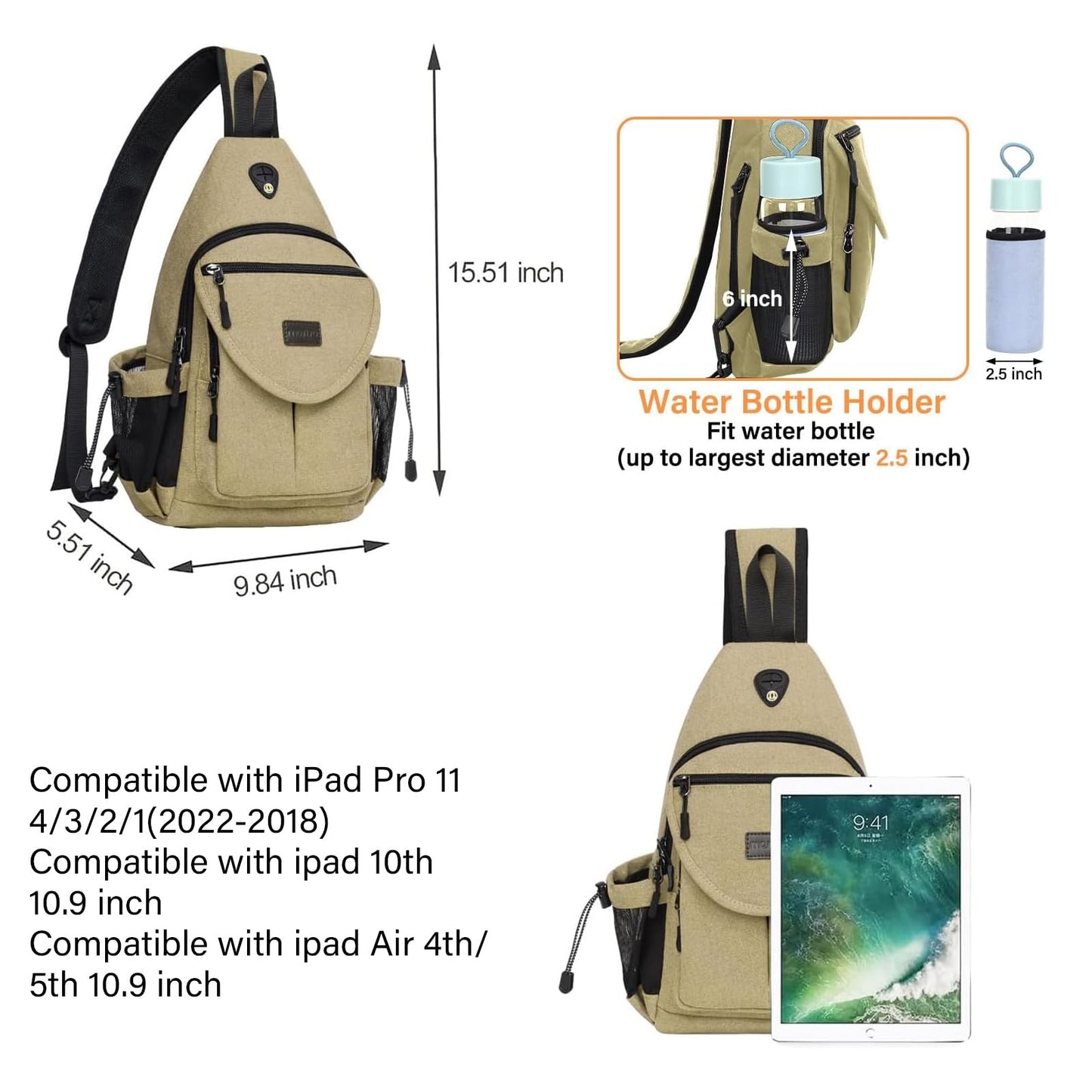 MOSISO Crossbody Sling Bag for Women, Shoulder Backpack, Hiking Daypack Bag, Khaki