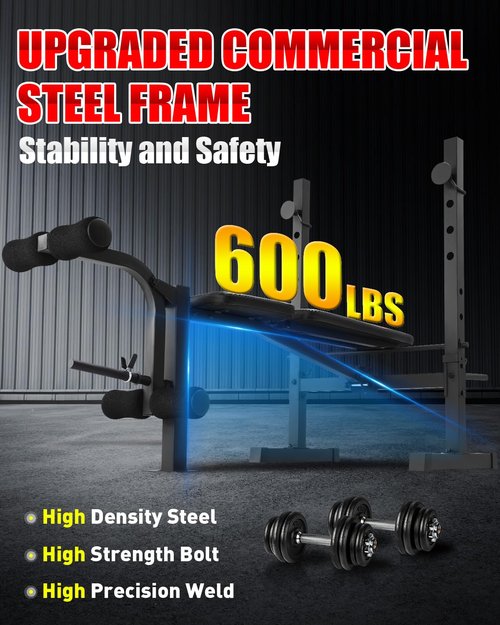 OPPSDECOR Standard Weight Bench Set with Squat Rack, 600LBS Adjustable Bench Press Set with Leg Extension and Leg Curl, Foldable Flat Incline Decline Workout Bench for Home Gym Full Body Training