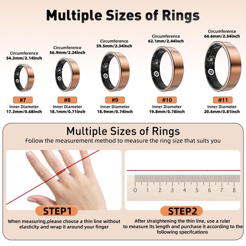 SARUNN ER Smart Ring with Sleep Monitoring, Step Counting, Heart Rate, Blood Oxygen, Blood Pressure for iPhone and Android, No Subscription Fee, IP68 Waterproof Health Tracker (Rose Gold, 7)