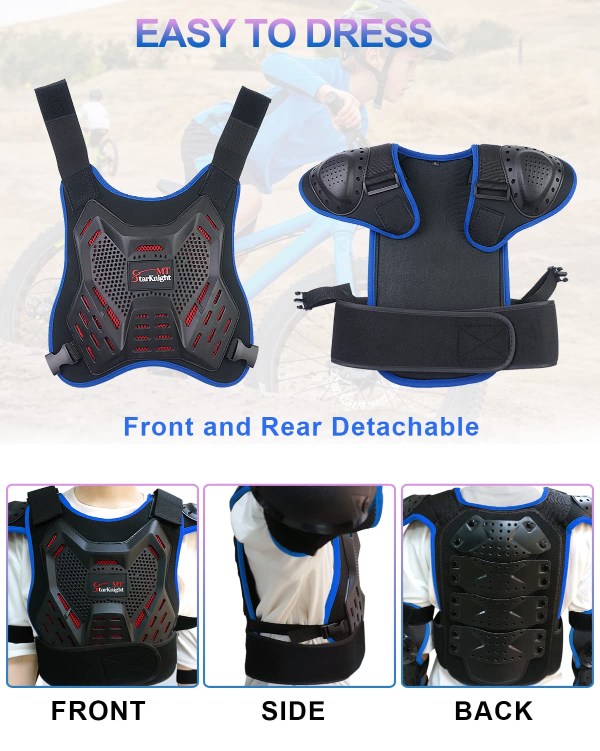 StarknightMT Kids Dirt Bike Gear - Youth Motorcycle Gear Riding Protective Motocross Armor Suit Chest Protector for 5-12 Boys Girls Biking Cycling Skating Off-Road, Blue