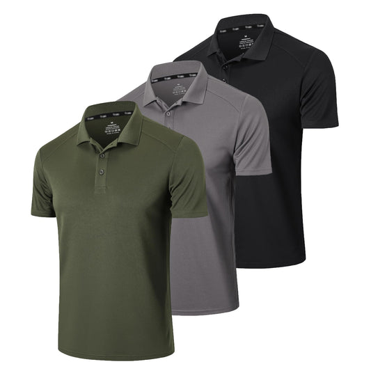 frueo Men’s 3 Pack Polo Shirt Moisture Wicking Dry Fit Performance Athletic Short Sleeve Golf Shirt,0427,Black Grey Green,L