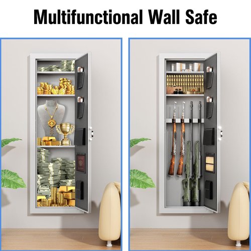 INTERGREAT 53" Fireproof Wall Gun Safe Between Stud, In Wall Safe, Hidden Gun Safes with Multifunctional Lock and Removable Shelf, Rifle Gun Safe for Storage Firearm Money Valuables(White)