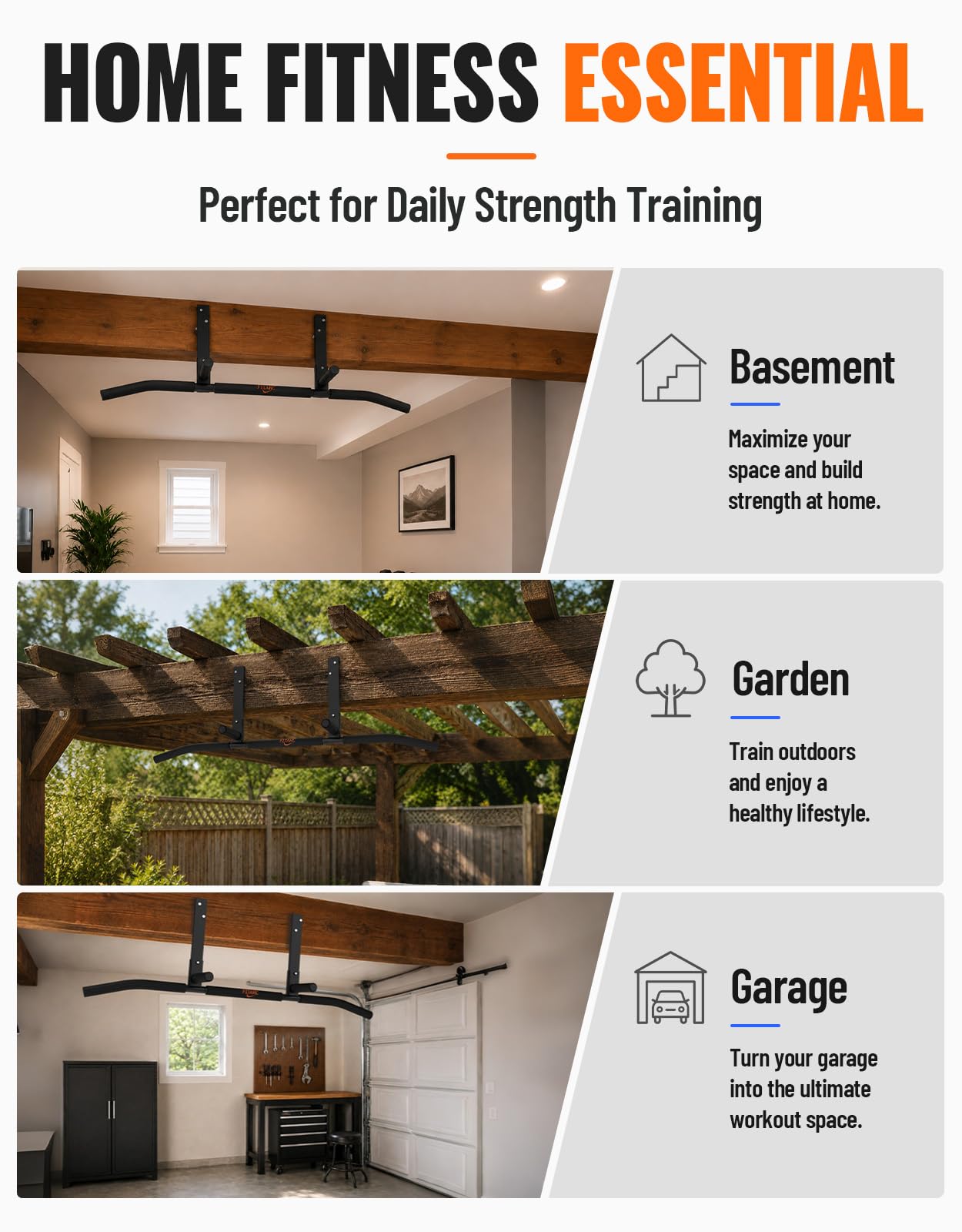 Fitarc Joist Mount Pull Up Bar for Garage Basement Gym, Home Gym Fitness Equipment, Heavy Duty Steel Upper Body Trainer, Ceiling Mounted Chin Up Bar, 42 Inch Wide, 440 lbs Capacity-Patent Pending