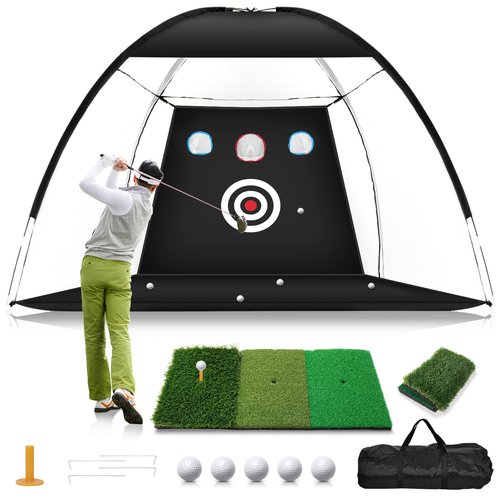 Golf Net, 10x7FT Home Golf Hitting Aids Equipment with Foldable Tri-Turf Mat for Backyard Driving Chipping Swing with Training Target/Balls/Tee for Outdoor Indoor, Gifts for Men Him Dad Boys Golfers