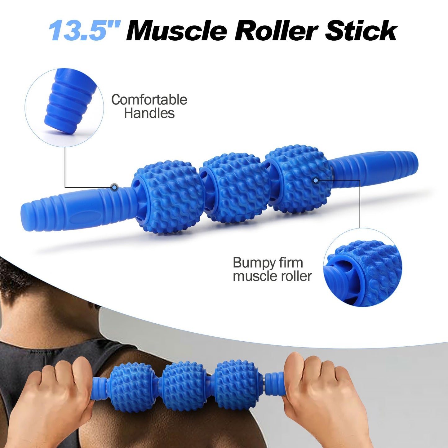 JOYENERGY 5 in 1 Foam Roller Set Trigger Point Foam Roller, Massage Roller Stick, Massage Ball, Stretching Strap for Deep Muscle Massage Pilates Yoga, Fitness Exercise for Whole Body (Blue Diamond)