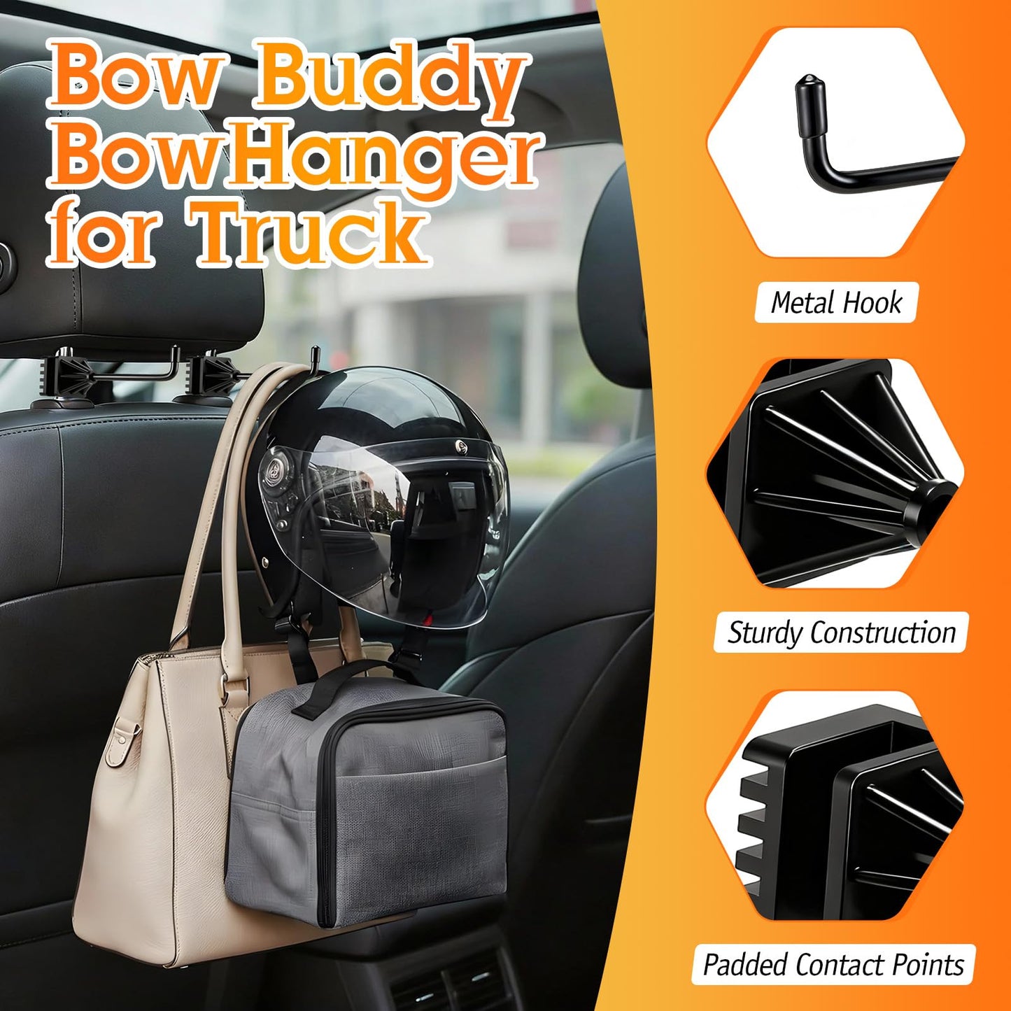 Hard Hat Holder for Truck, Heavy Duty Stainless Steel Hard Hat Accessories, Headrest Hooks for Car Seat, Compact Truck Organizer & Storage, Car Purse Hook for Work Helmets & Gear, Blackon(1pack)