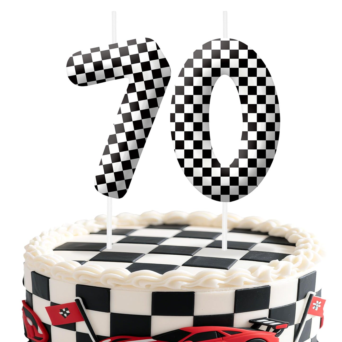 Racing Cars Number 70 Birthday Candles, Black White Checkered Flag Themed Cake Topper for Boys Girls, Cake Decorations for Birthdays, Race Car Theme Party Supplies, Candles for Party Decorations