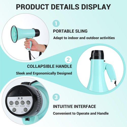 Flydot Megaphone with Speaker Microphone Siren and 240-Second Recording Bulhorn Includes Volume Control for Outdoor Events and Crowd Management Teal