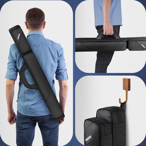 PEKREWS Pool Cue Case - 2x2 Holds 2 Sticks With 2 Accessory Zipper Pockets, Sturdy Polyester Carry Bag With Shoulder Strap Handle, Soft Billiard Sling Bag for Men and Women