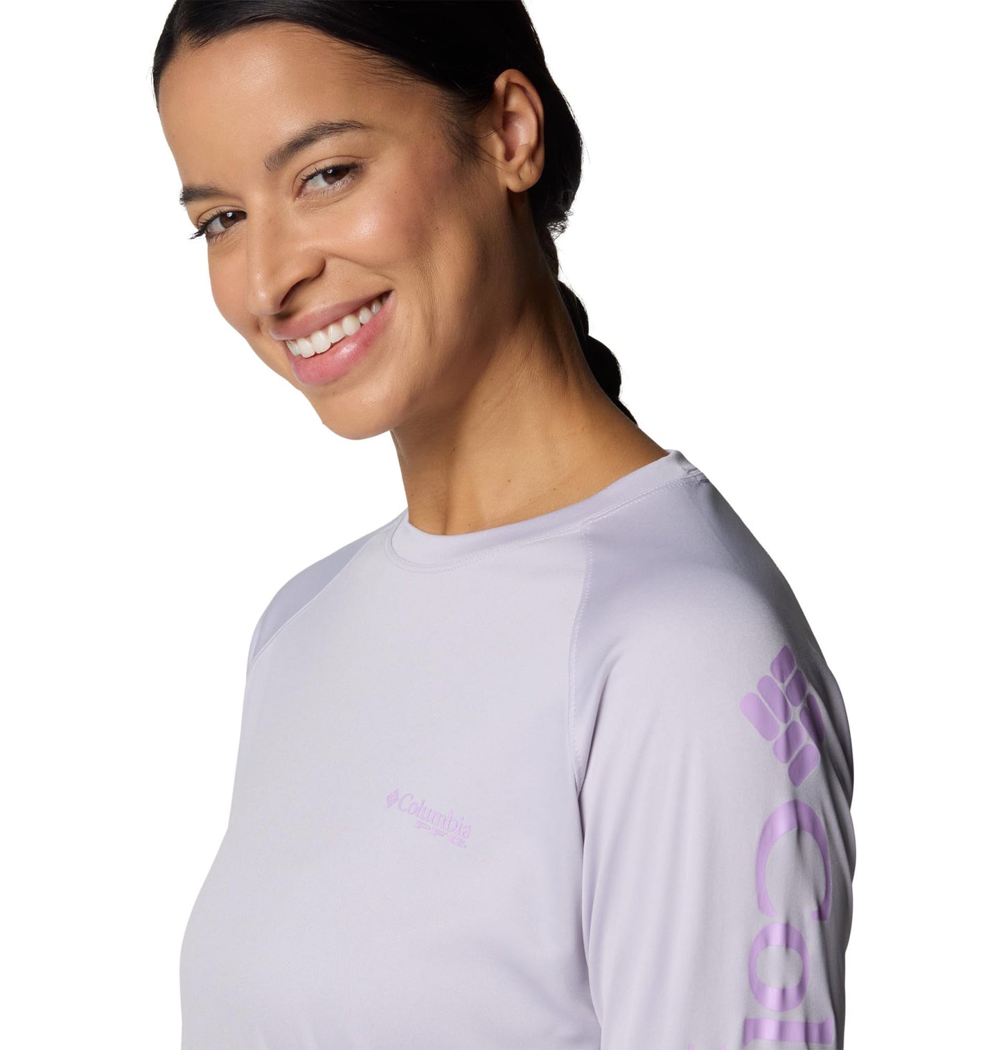 Columbia Womens PFG Tidal Tee II Long Sleeve Sun Protection Shirt, Lavender Pearl/Hydrangea Logo, Large