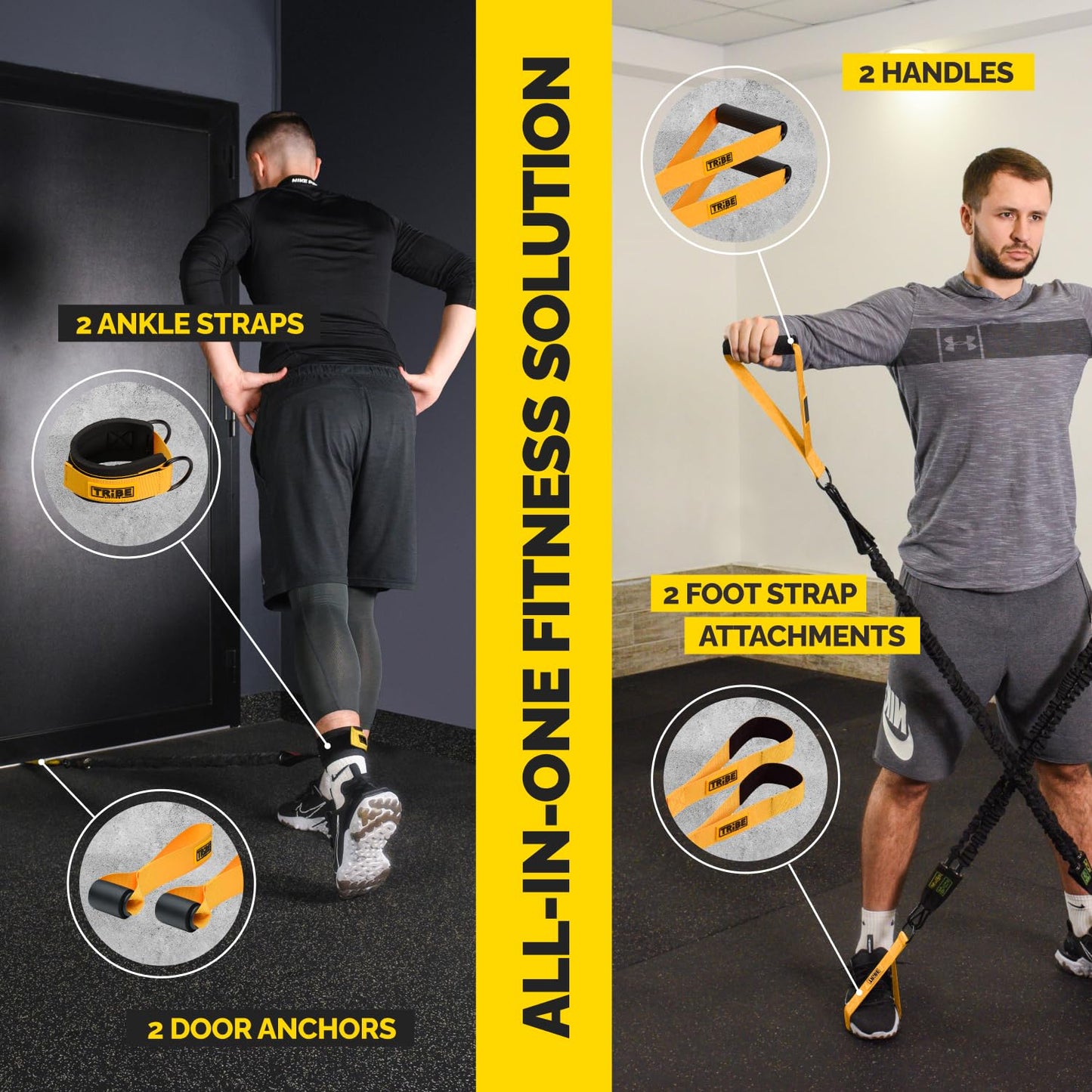 Tube Resistance Bands for Working Out Men and Women - 180lb Exercise Bands Set with Handles, Resistance Band Bar, Ankle Straps, Foot Straps, Door Anchor for Home Gym Strength (Yellow)