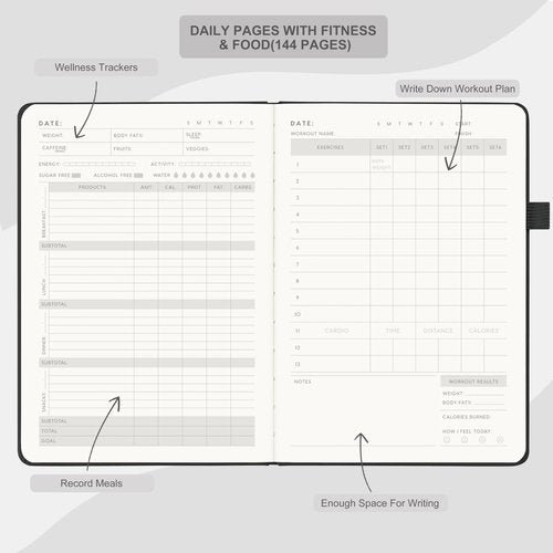 And Per Se Fitness Journal for Women & Men, Workout Log Book Planner with Daily Diet & Gym Exercise, Trainning Trackers- Undated, A5 Size, Hardcover(Black)