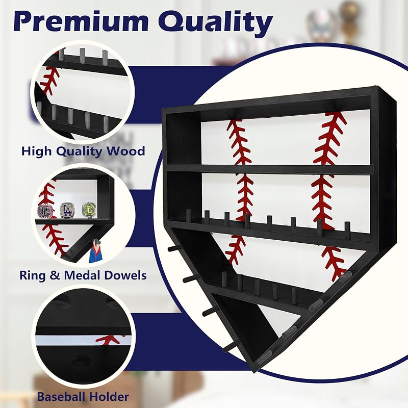 Montex Black Baseball Ring Display Case Wall Mount — Wooden 13 Ring Posts