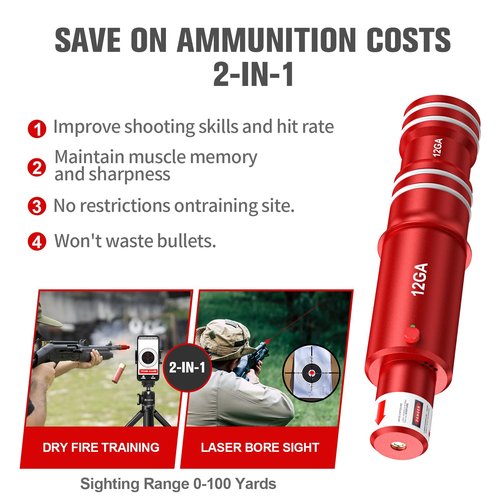 Vantara 2-in-1 12GA Laser Training Cartridge w/Bore Sighter for Dry Fire Training System - Red Laser Bullet w/Bore Sighting for Shooting Practice & Sight Calibration